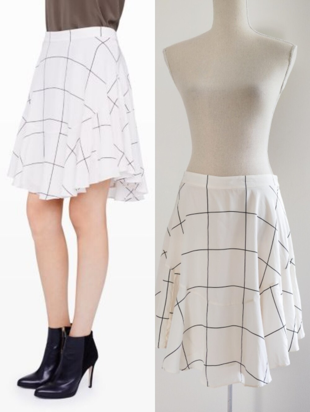 Club Monaco Silk White Windowpane Grid Print Asymmetrical A-Line Skirt